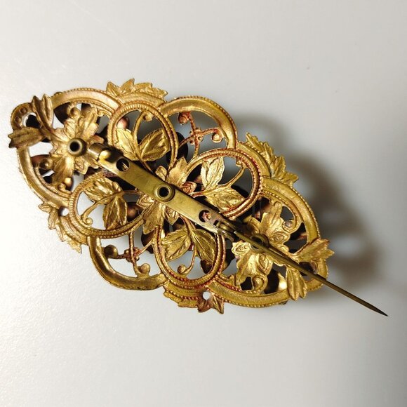 Antique Brooch Victorian Art Nouveau Gold Tone Floral Gilt Brass Dark Glass - Picture 6 of 10